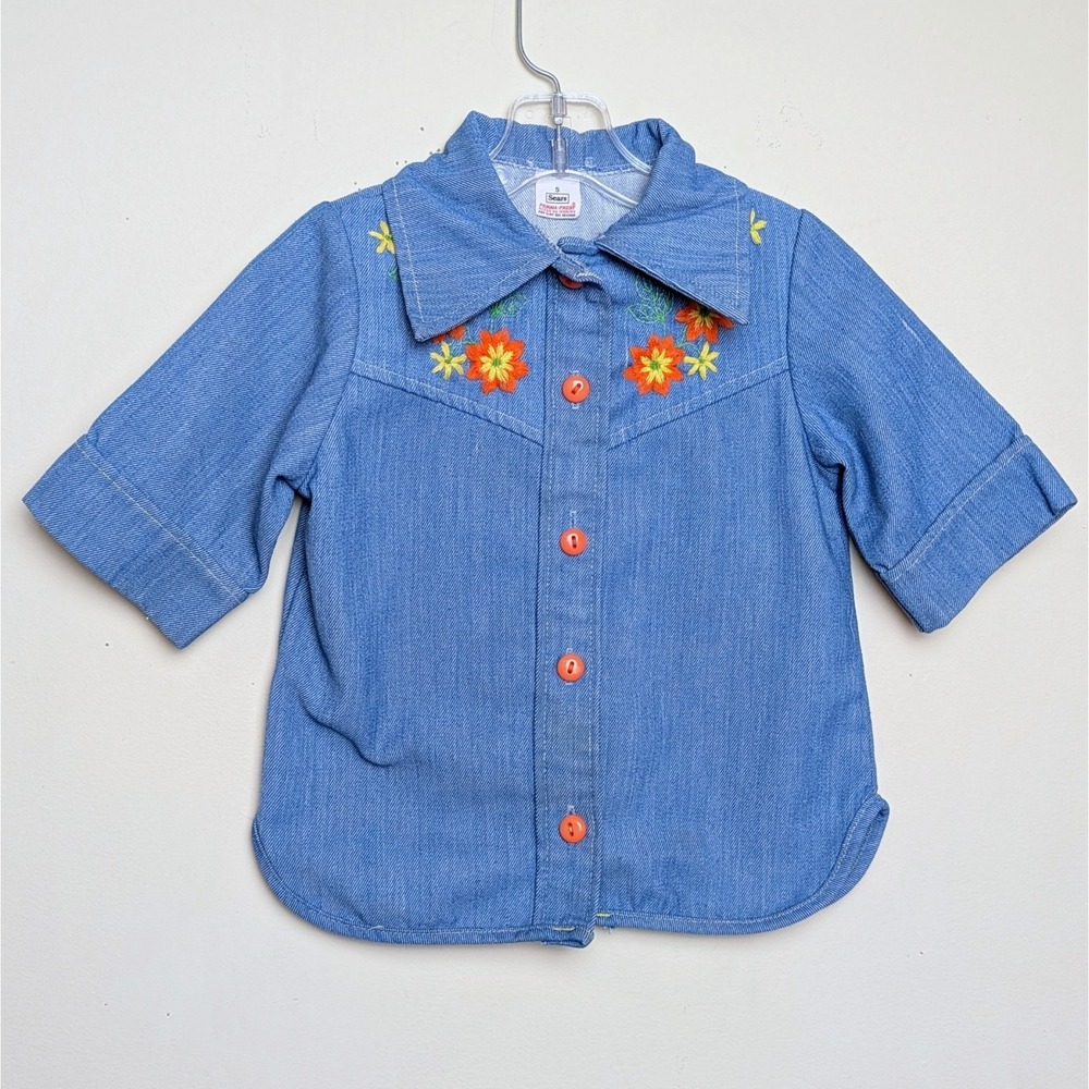 Vintage Sears 70s Perma-Prest Denim Floral Embroidered Western Shirt Girls 5